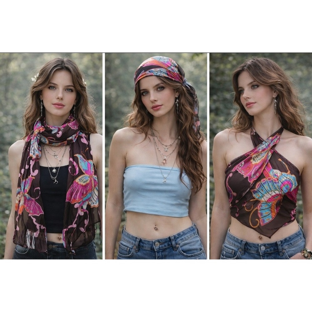 Sheer Butterfly Scarf Brown Pink Vibrant Fairycore Y2K Festival Whimsy Boho